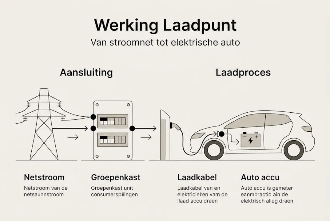 Infographic met een auto die via een laadkabel is aangesloten op het elektriciteitsnet