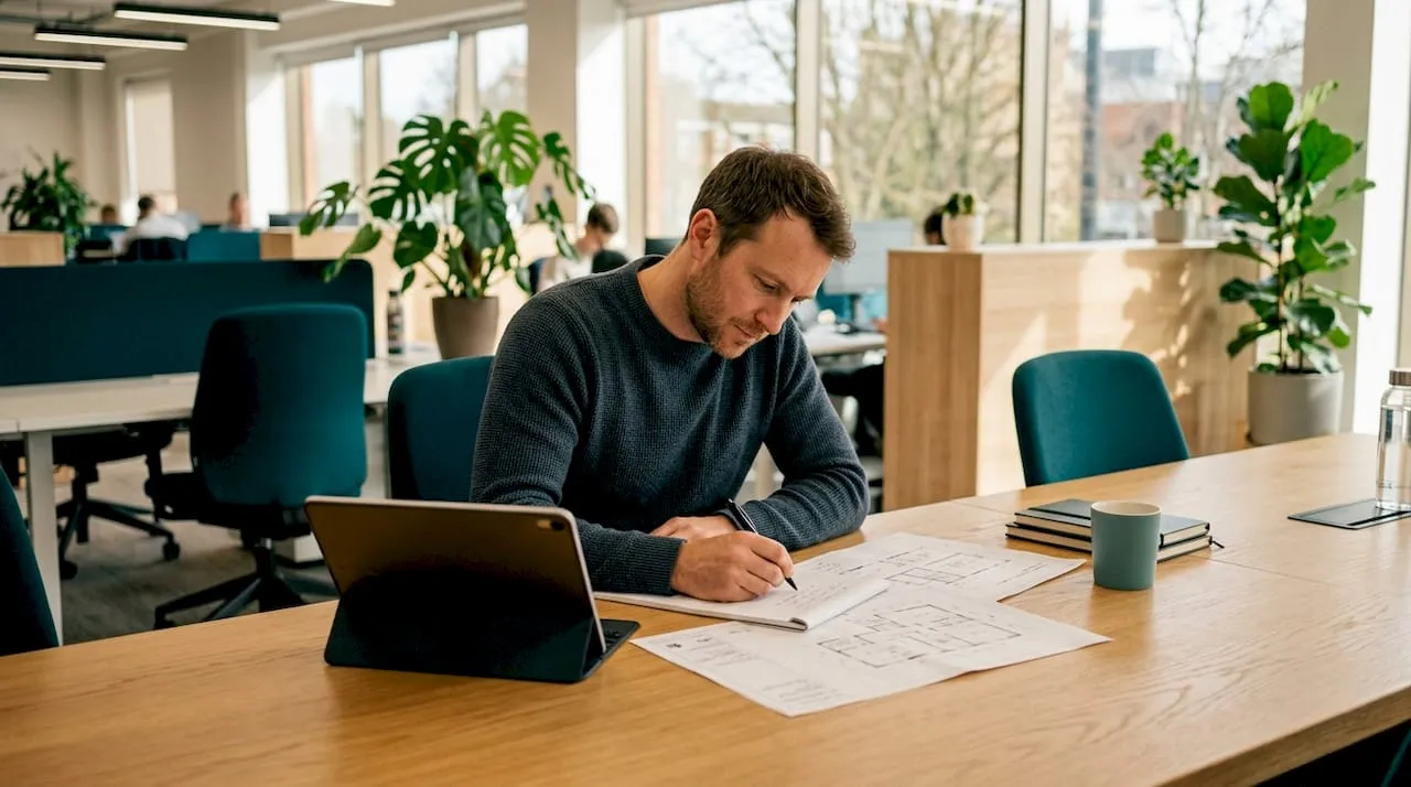 Een adviseur werpt een kritische blik op de duurzame ontwerpplannen.
