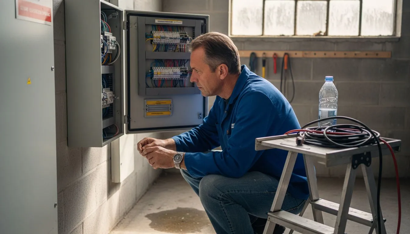 Een technicus controleert het bedieningspaneel dat aan de muur is bevestigd.