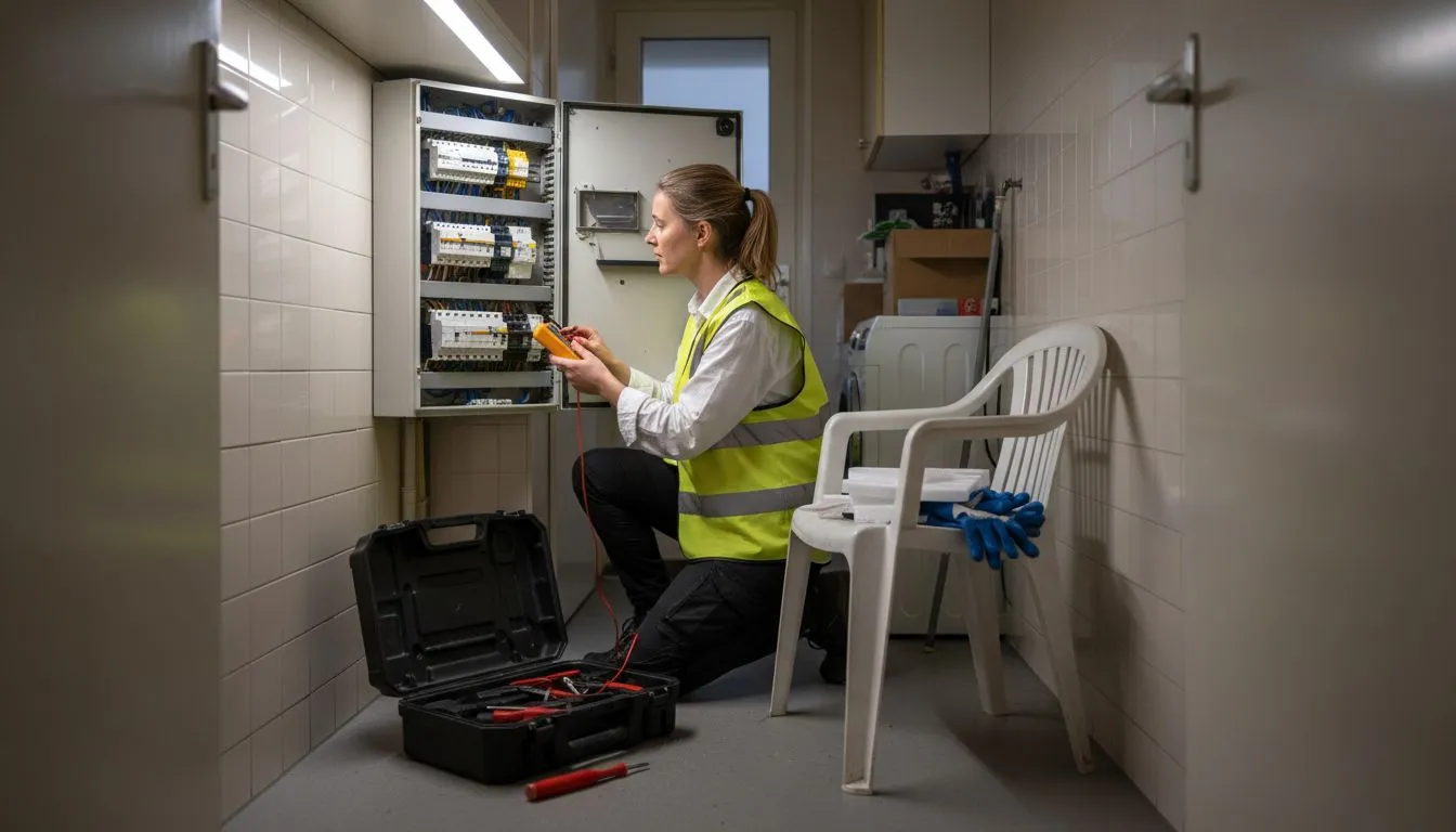 Een monteur controleert de meterkast om de garantie te waarborgen.