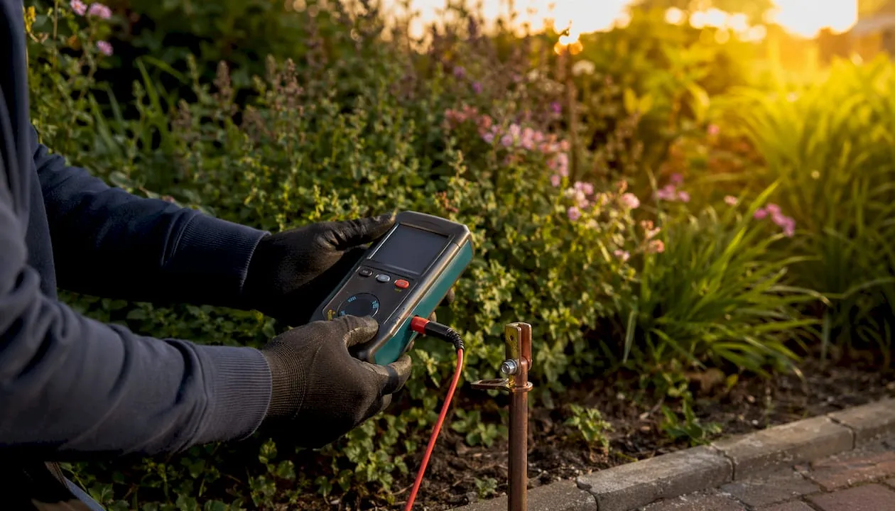 Met professionele meetapparatuur wordt de aardingsweerstand nauwkeurig gemeten door ervaren handen.