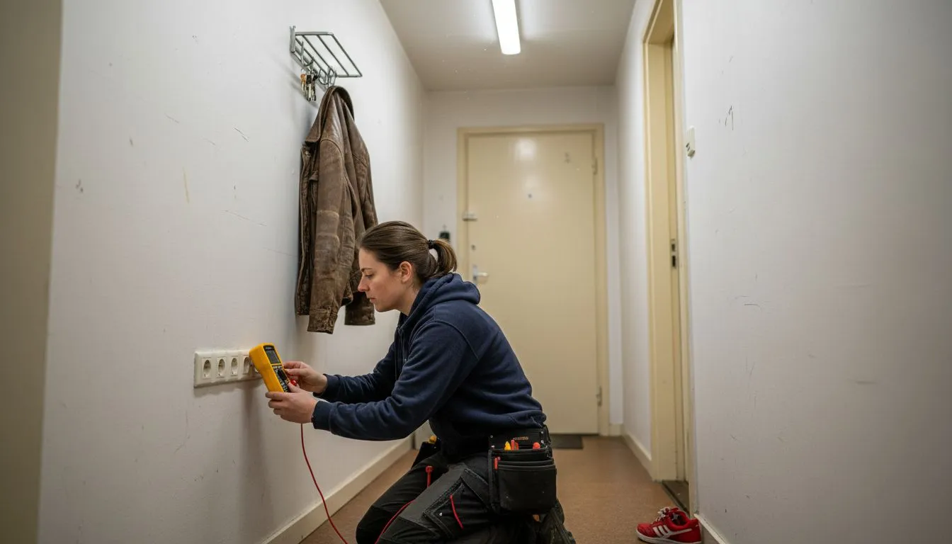Een elektricien controleert de stopcontacten in een smalle gang.