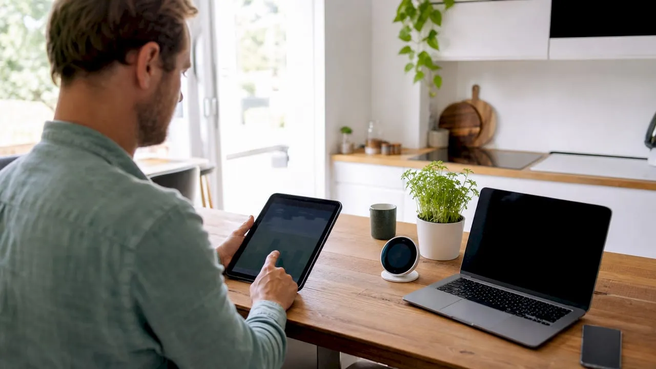 Een paar handen bedient een tablet waarmee het energieverbruik in huis wordt geregeld.