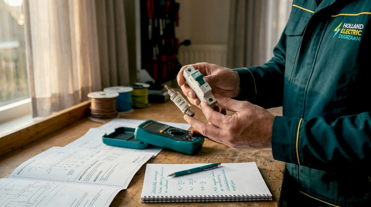 Twee handen houden een installatieautomaat en een smeltzekering naast elkaar om de verschillen te bekijken.