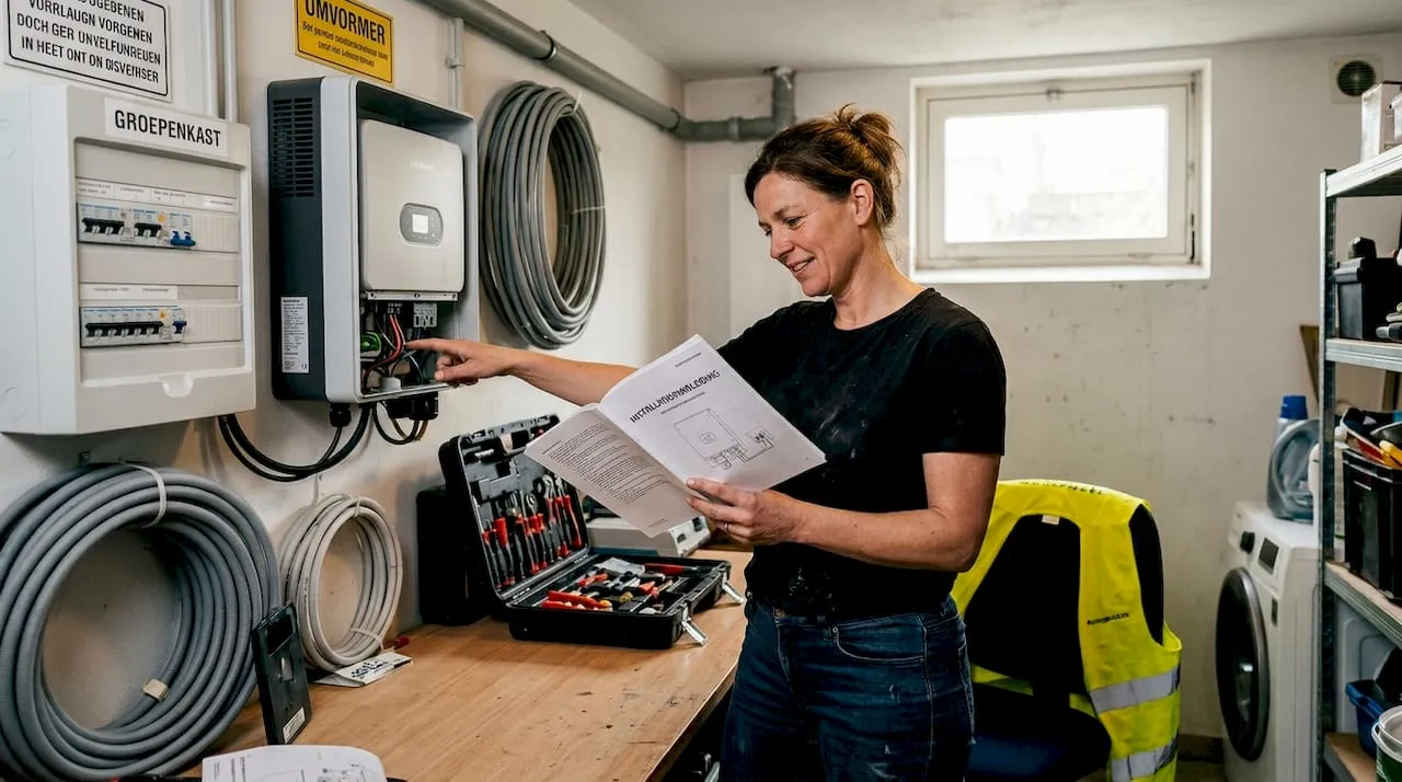 Elektricien raadpleegt handleiding tijdens installatie van omvormer voor zonnepanelen