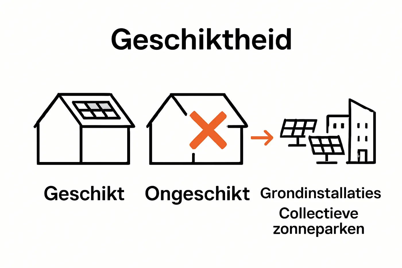 Infographic met geschikt dak, ongeschikt dak en alternatieve zonne-energieopties.
