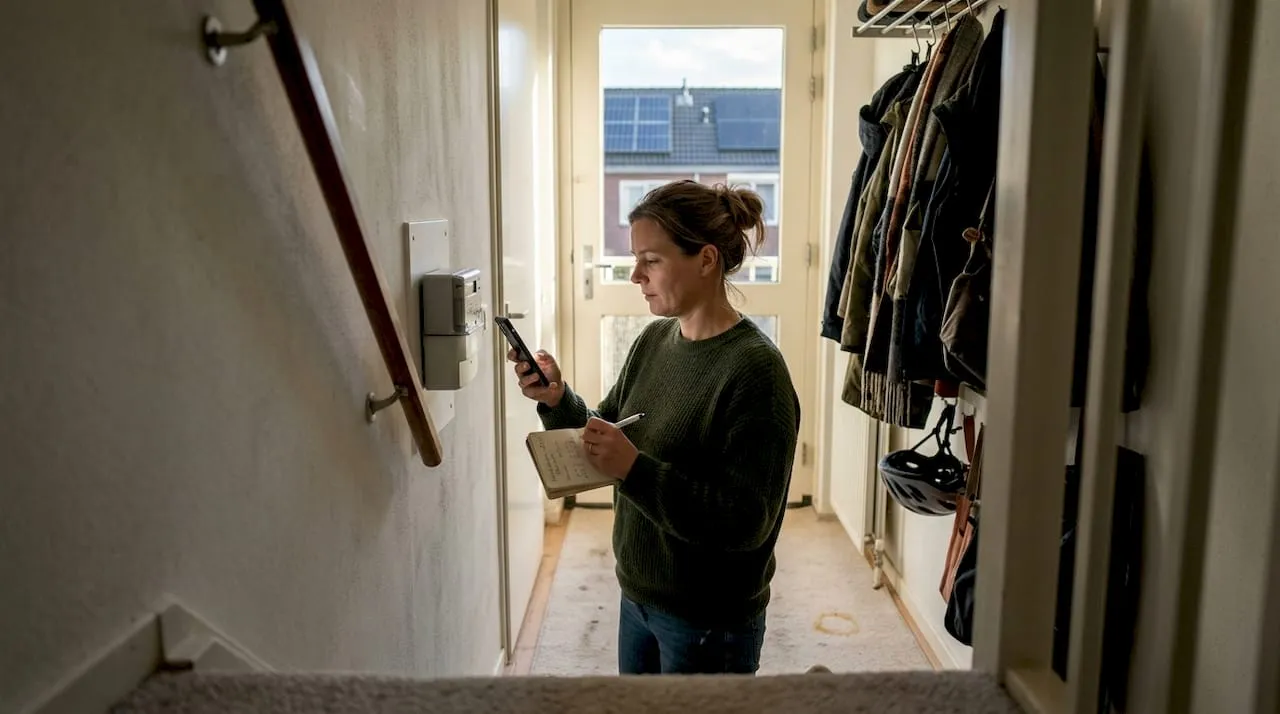 Een vrouw noteert de meterstand bij haar huis met zonnepanelen.
