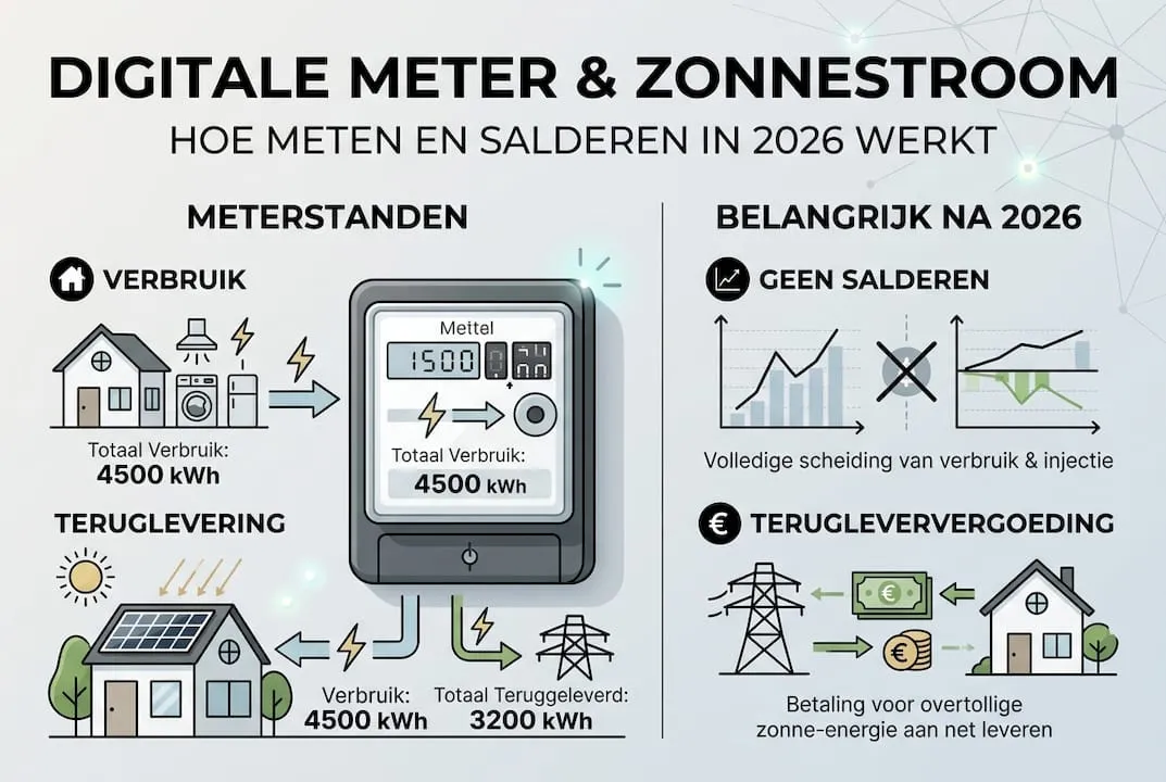 Infographic: hoe de digitale meter omgaat met jouw opgewekte zonnestroom
