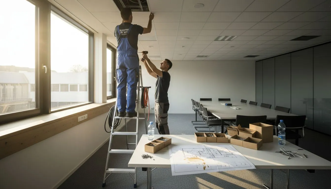 In de vergaderruimte is onlangs nieuwe LED-verlichting aangebracht door installateurs.
