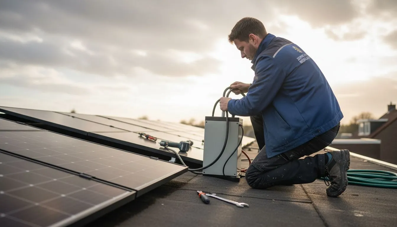 Een installateur koppelt een thuisbatterij aan het bestaande zonnepanelensysteem.