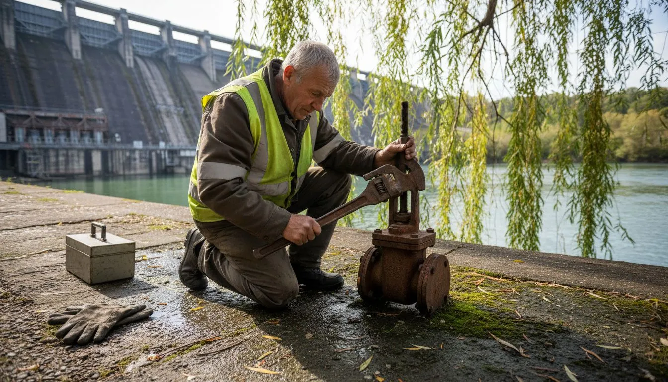 Een medewerker is bezig met onderhoudswerkzaamheden aan een waterkrachtcentrale langs de rivier.