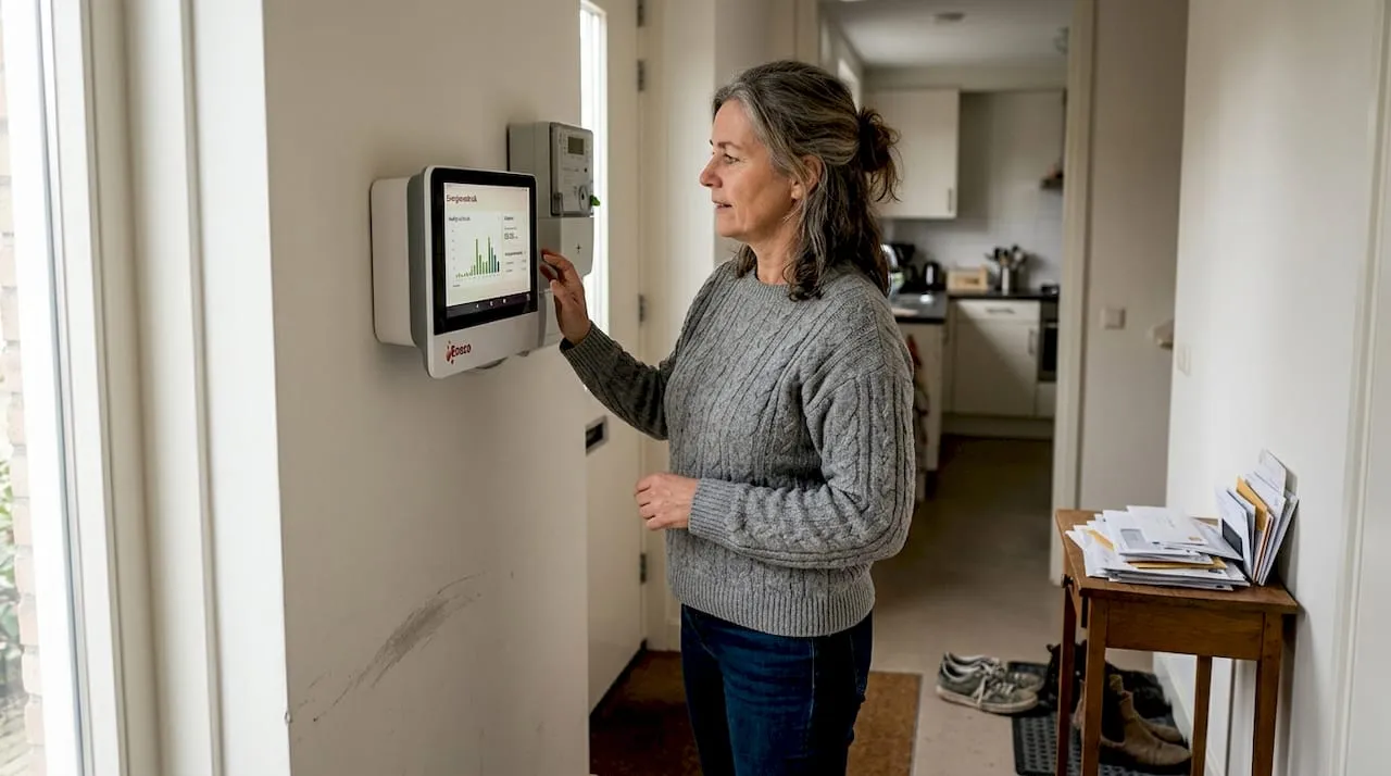 Een vrouw bekijkt haar energieverbruik op de slimme meter.