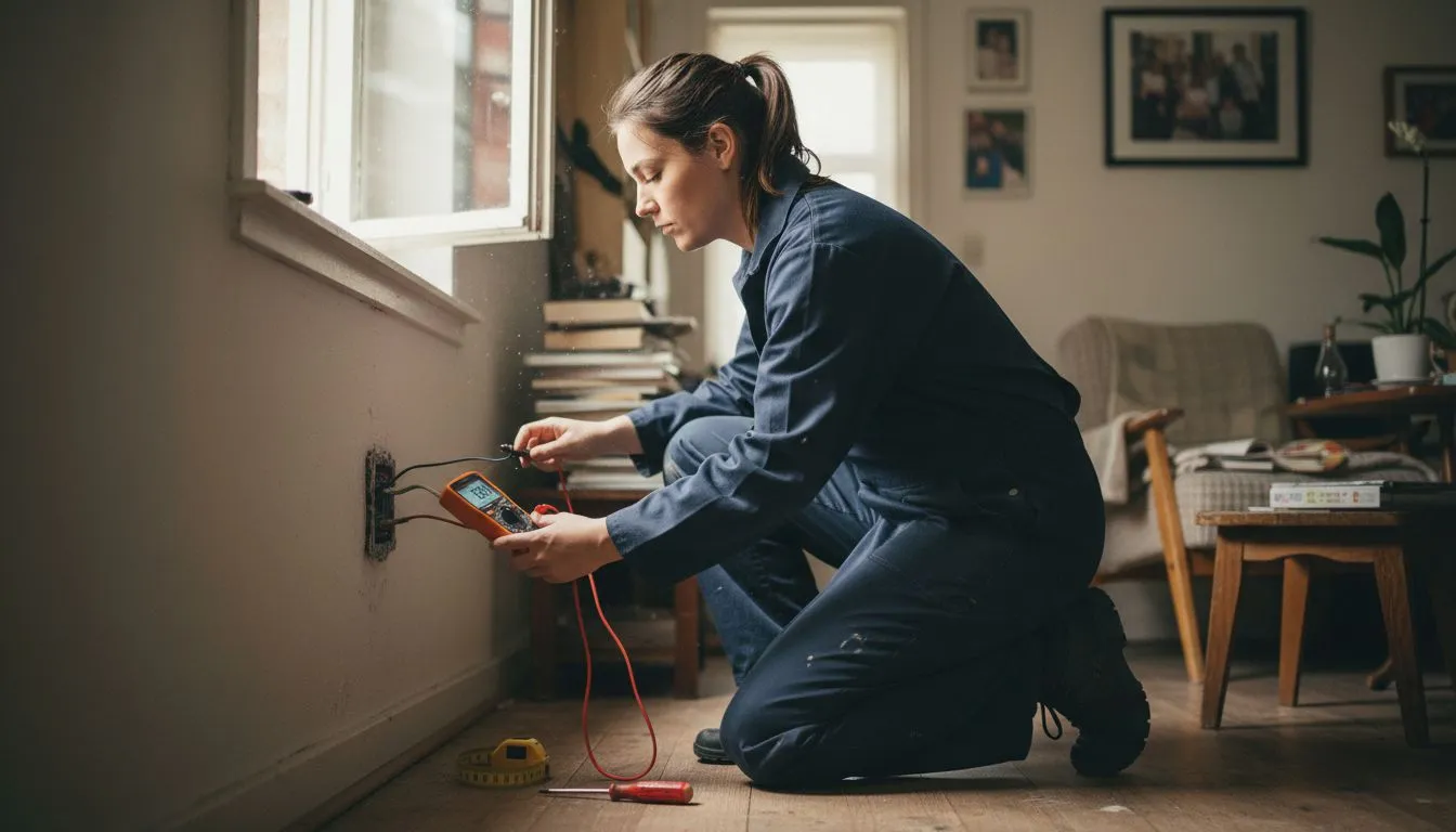 Een elektricien controleert de stroom in het stopcontact met een spanningsmeter.