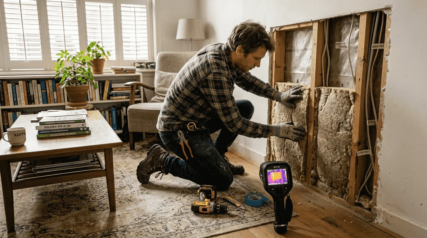 Een vakman brengt isolatiemateriaal aan in een woning.