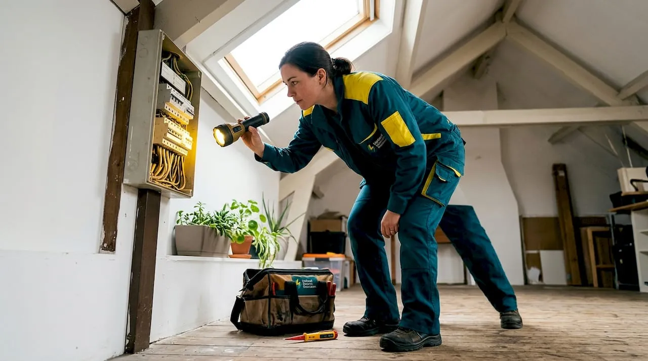 Een monteur inspecteert een verouderde meterkast bij een bedrijf.