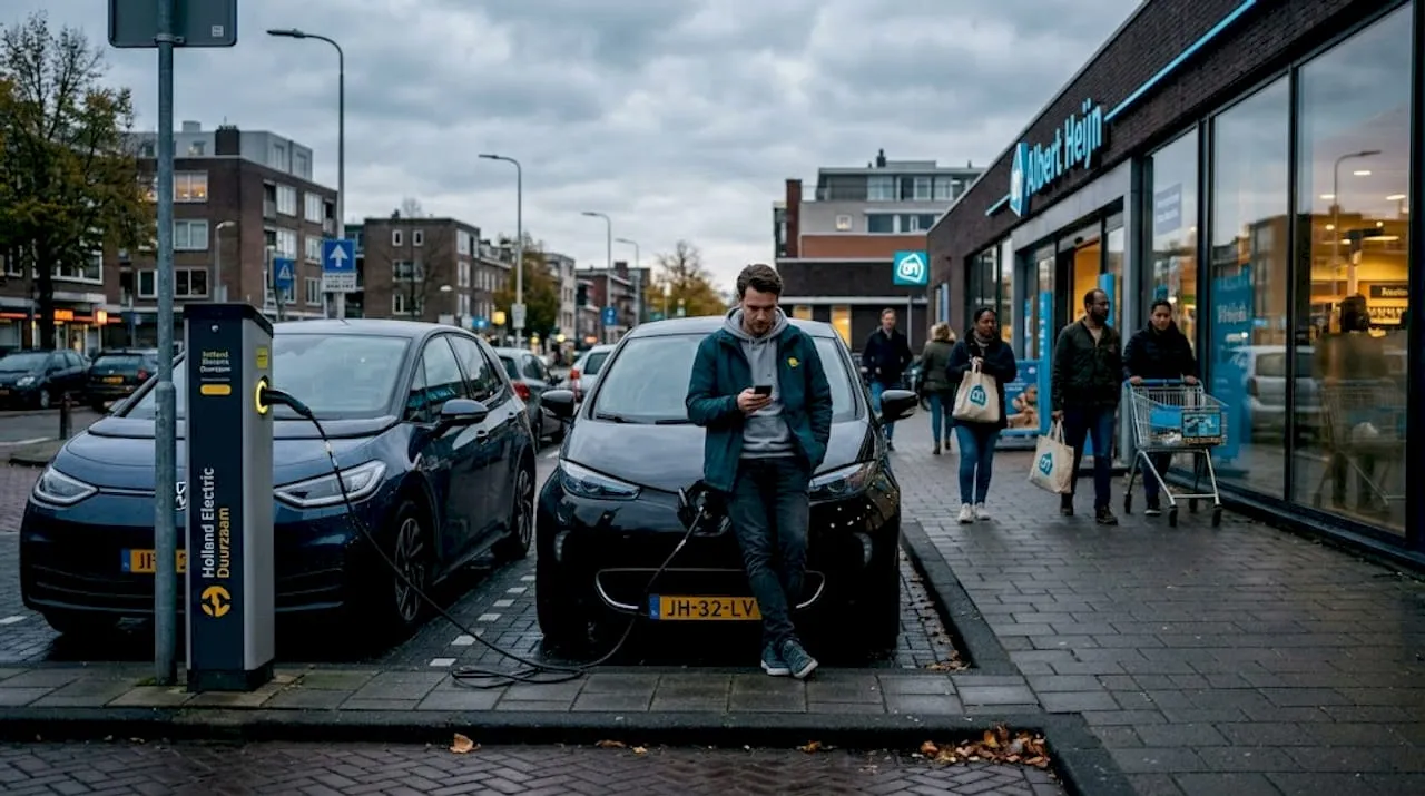 Een bestuurder staat te wachten bij een openbare laadpaal.