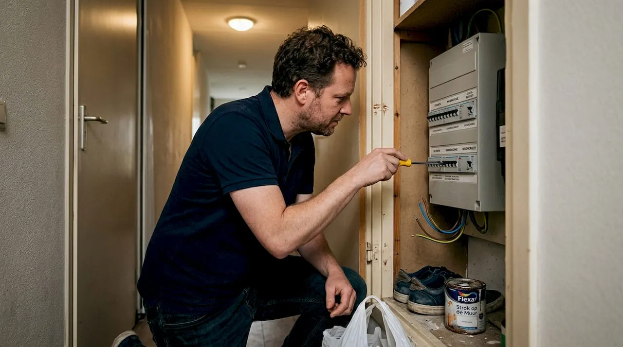 Een man inspecteert de meterkast met een schroevendraaier in zijn hand.