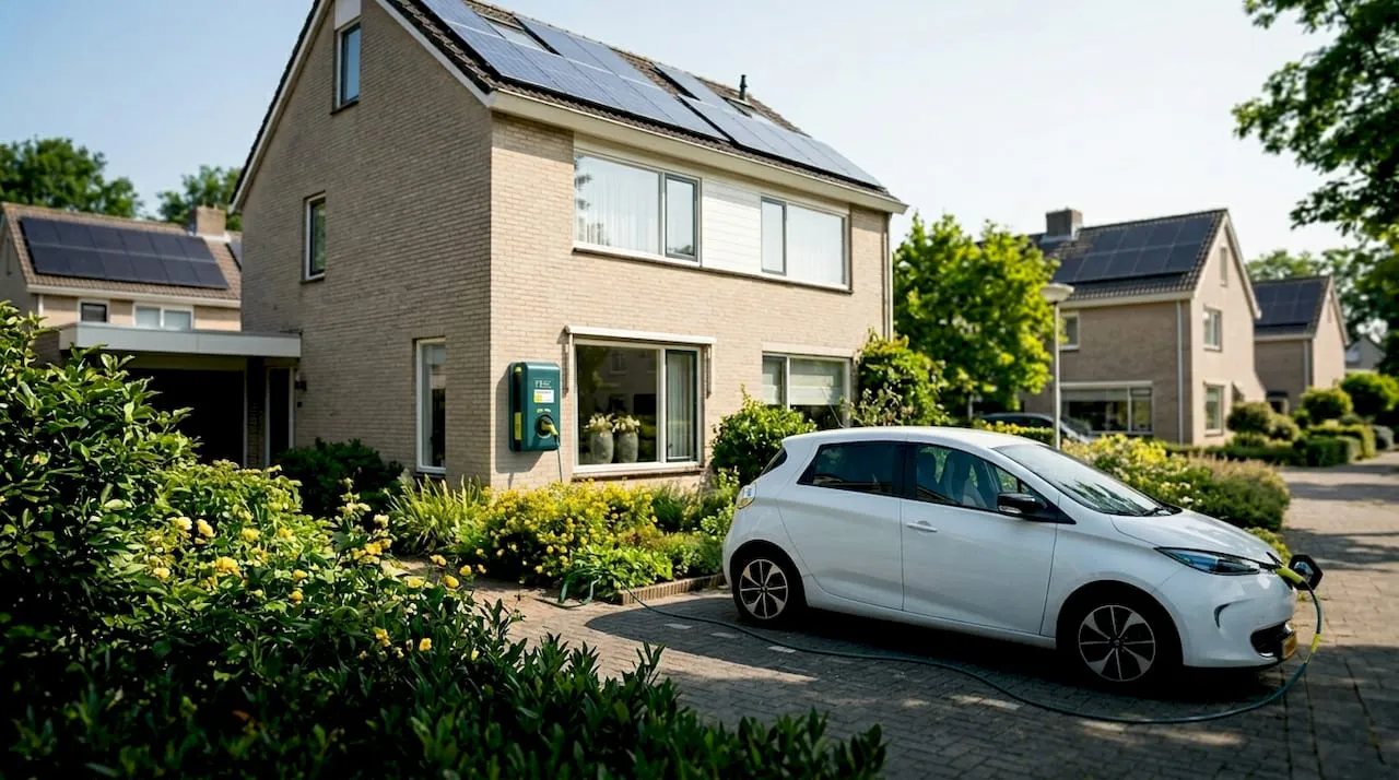 Moderne eengezinswoning in een rustige buitenwijk, voorzien van zonnepanelen en een laadpaal voor de elektrische auto.
