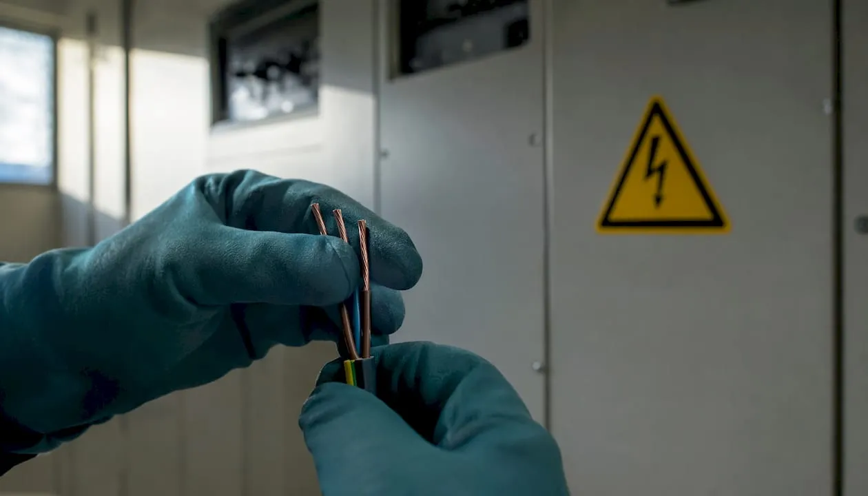 Met werkhandschoenen aan grijpen handen stevig een paar elektriciteitsdraden vast.