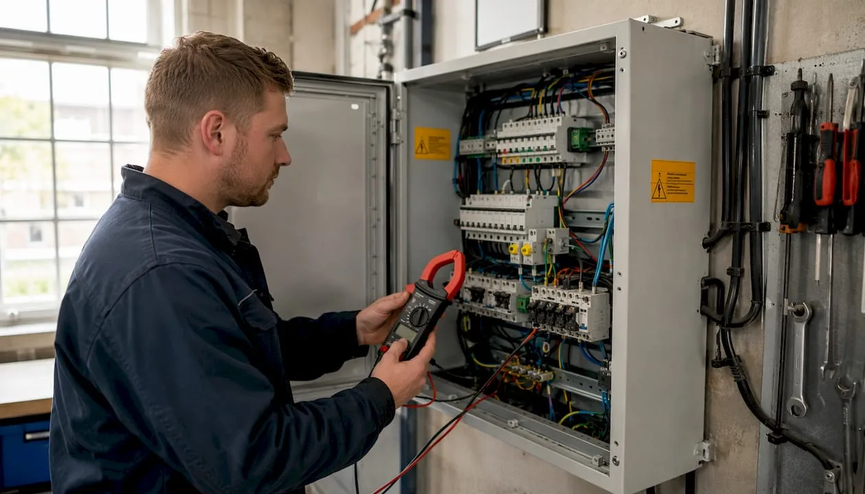 Een technicus controleert een elektrische schakelkast met een meetinstrument.