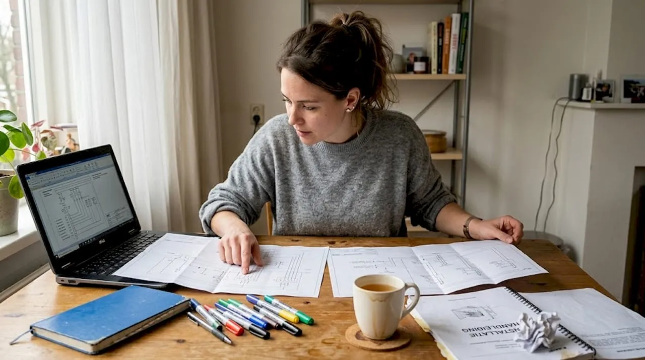 Vrouw bekijkt en vergelijkt verschillende elektrische schema's naast elkaar