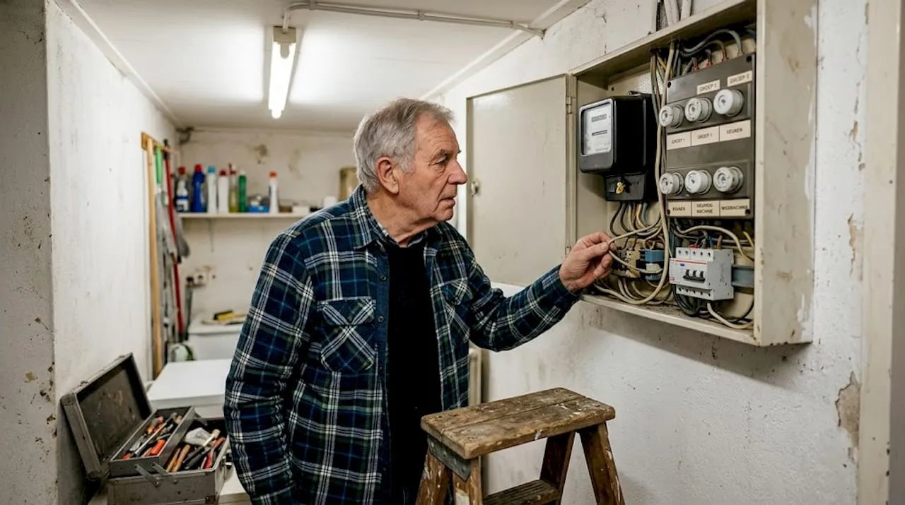 Man inspecteert volle en ouderwetse meterkast