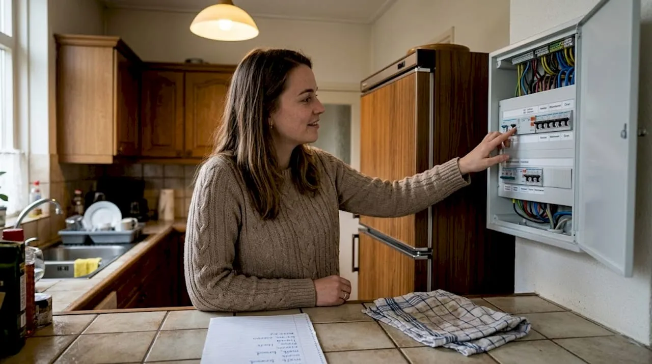 Een vrouw inspecteert de meterkast in haar moderne keuken.