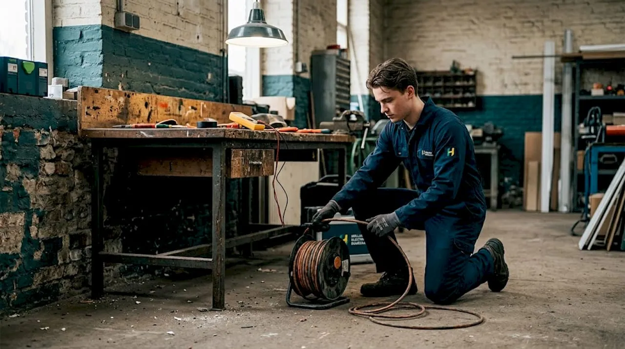 De elektricien rolt de kabel helemaal uit de haspel, zodat er geen knopen of verdraaiingen ontstaan.