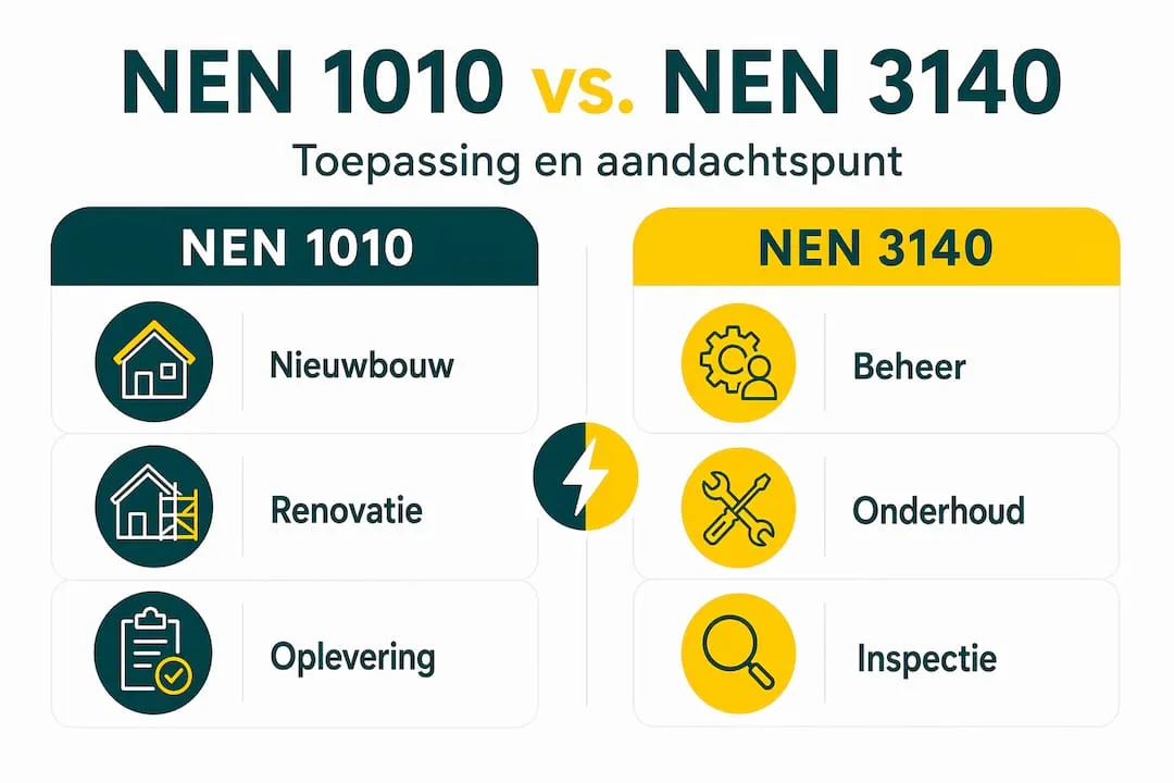 Overzichtelijke infographic: de belangrijkste verschillen tussen NEN 1010 en NEN 3140 op een rij