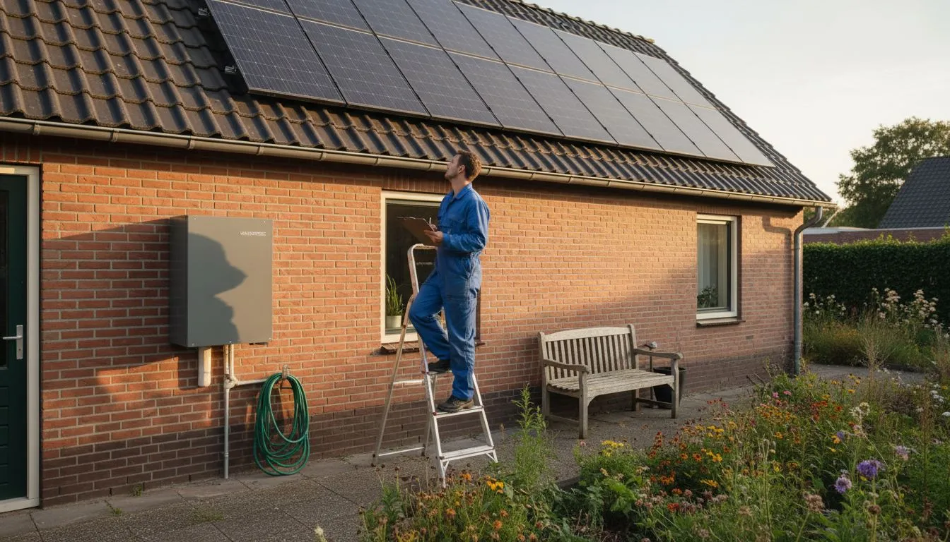 Een monteur inspecteert de zonnepanelen en de warmtepomp om te controleren of alles goed werkt.
