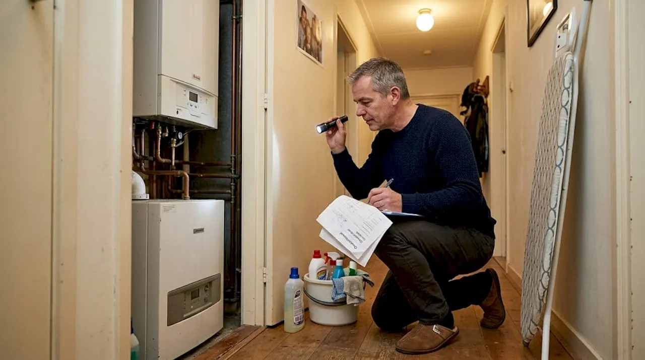 Een huiseigenaar controleert de cv-ketel in de gang.