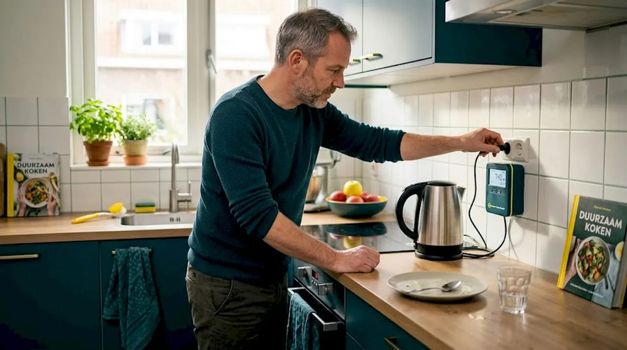 Man haalt waterkoker van het stroom met energiemeter ertussen