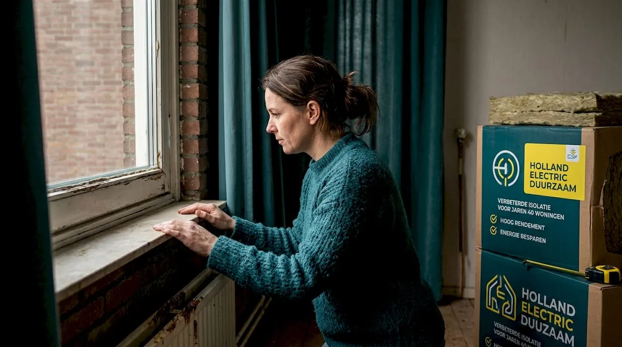 Een vrouw bekijkt de staat van de raamisolatie in haar oude woning.