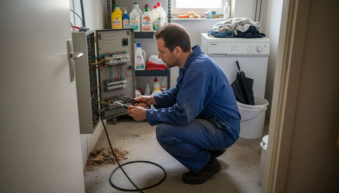 Een elektricien is bezig met onderhoud aan de meterkast in een woning.