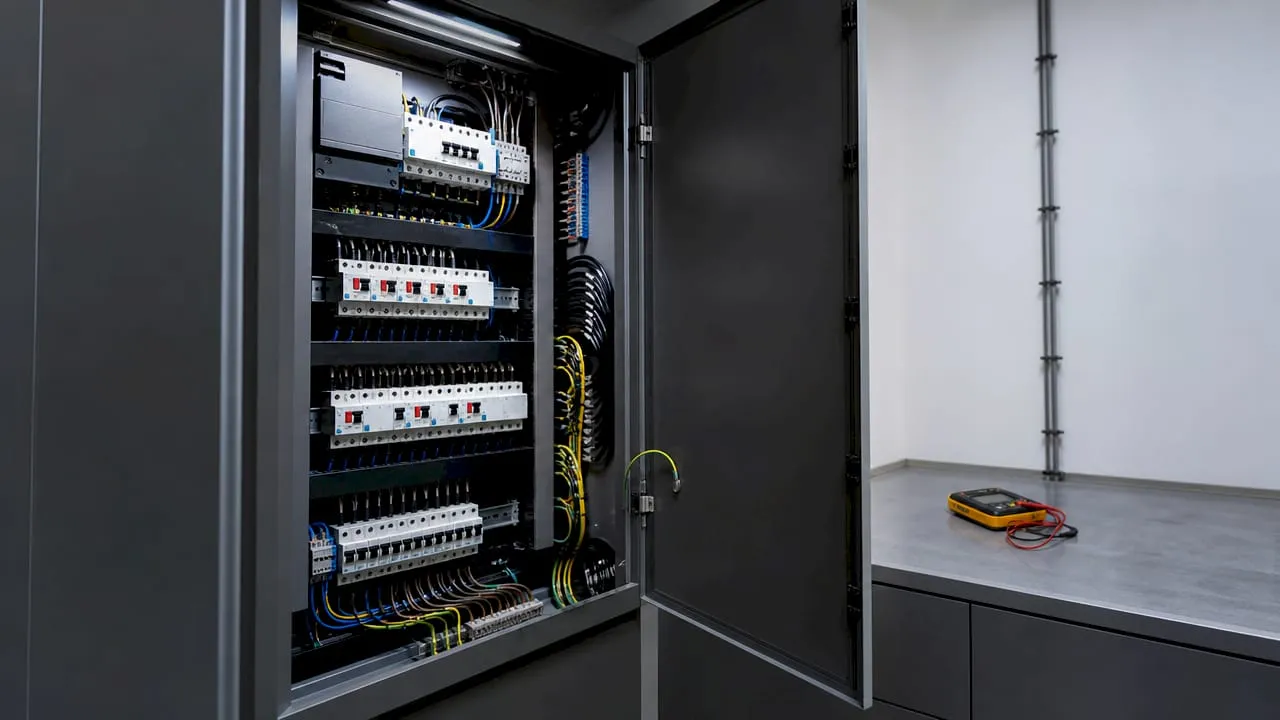 Openstaande meterkast met zichtbare schakelaars en bekabeling in werking