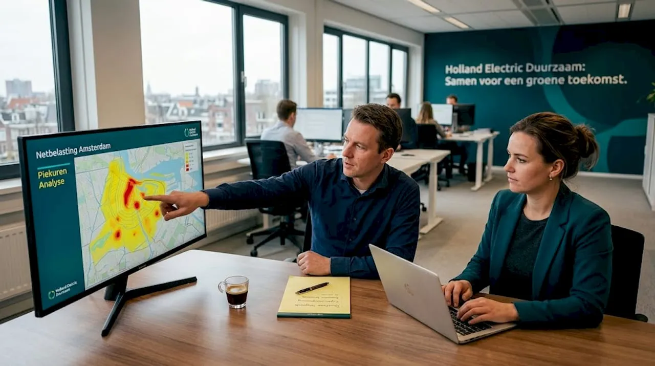 Netbeheerders bespreken samen op kantoor de situatie aan de hand van de kaart van het energienet.