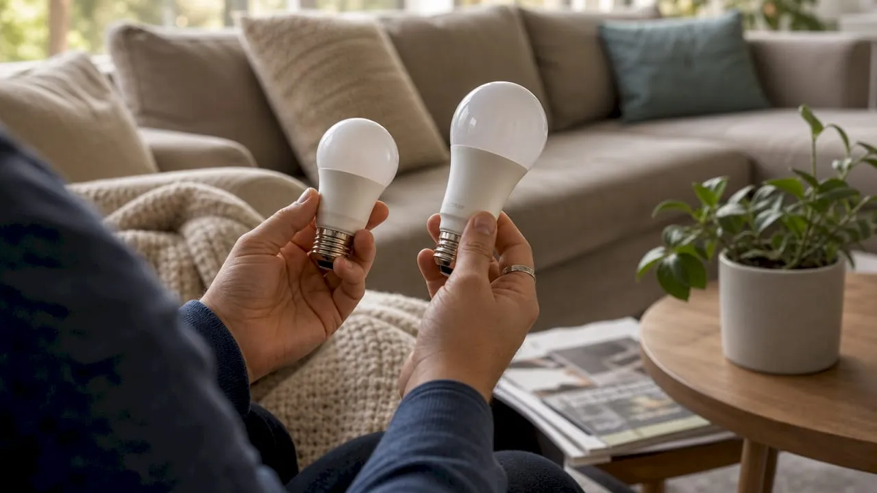 In de keuken worden twee LED-lampen naast elkaar gehouden om ze goed met elkaar te vergelijken.