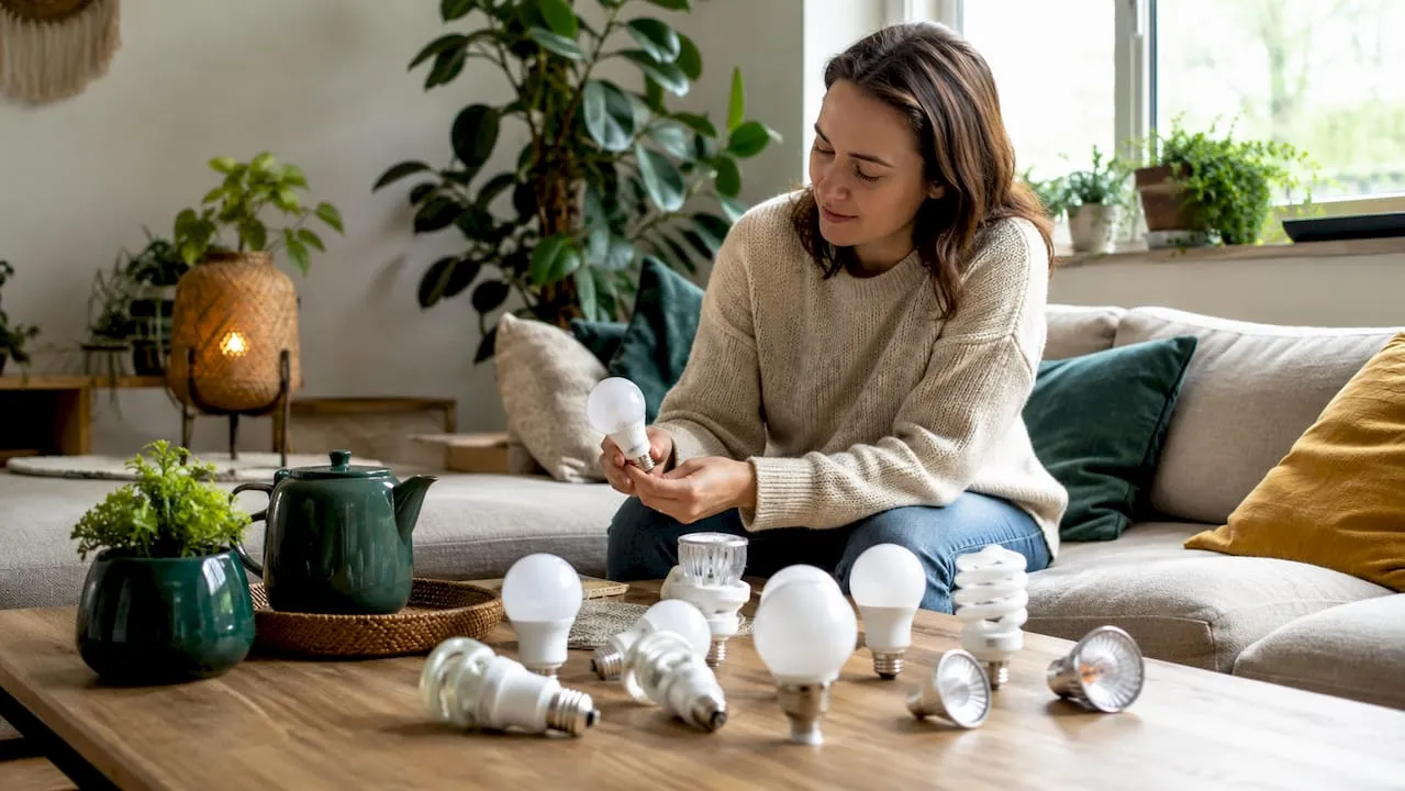 Op tafel ligt een selectie van energiezuinige lampen.