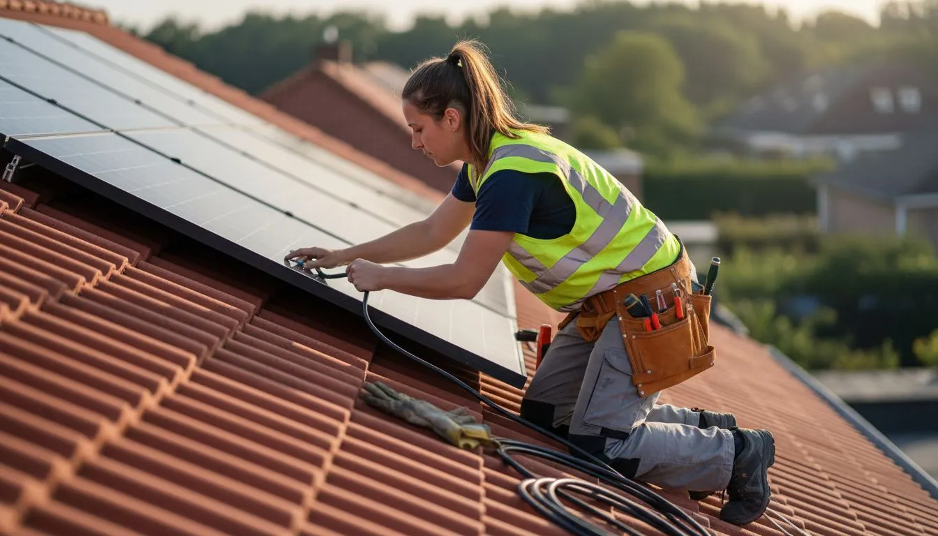 Een elektricien zorgt voor een veilige installatie van zonnepanelen.