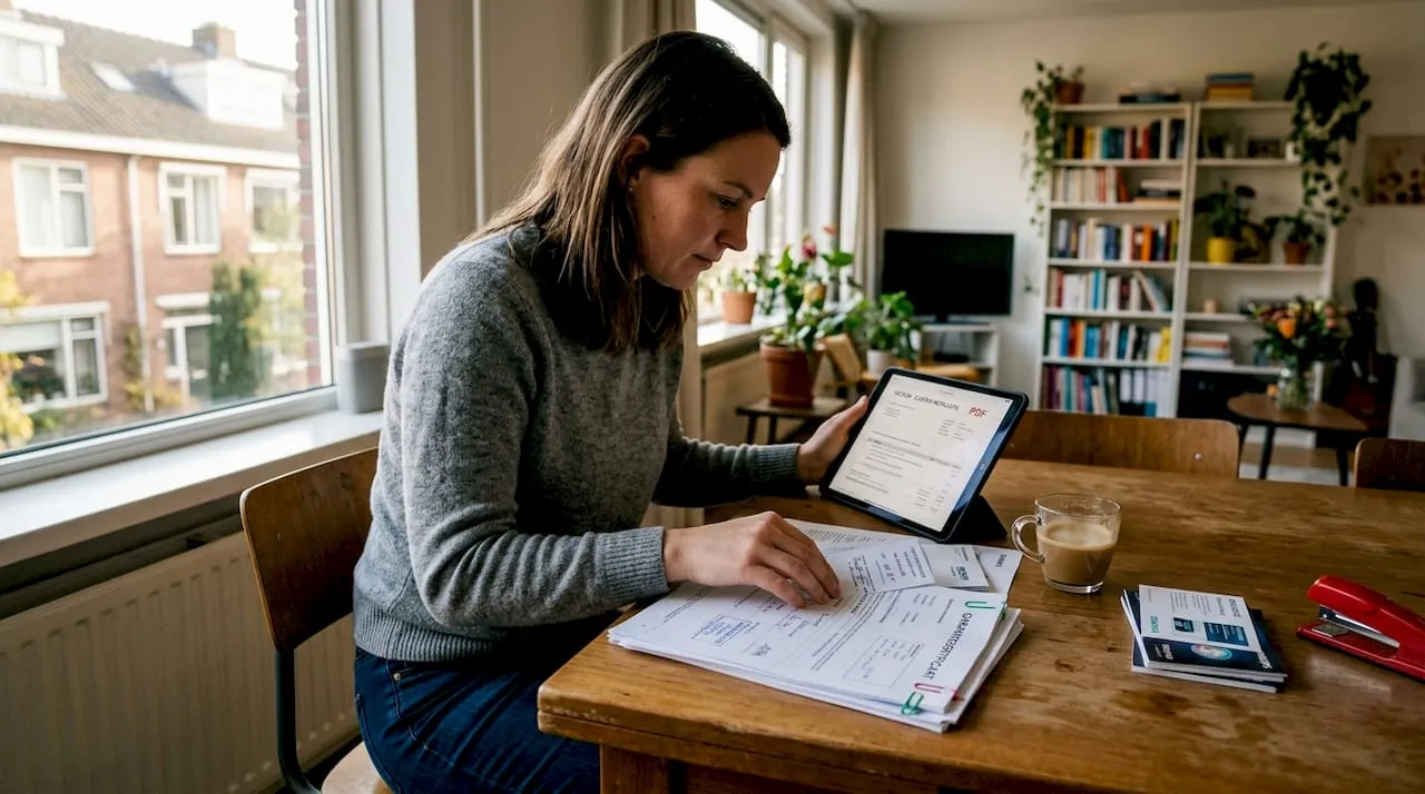 Aan de keukentafel zit een vrouw rustig haar garantiepapiertjes uit te zoeken.