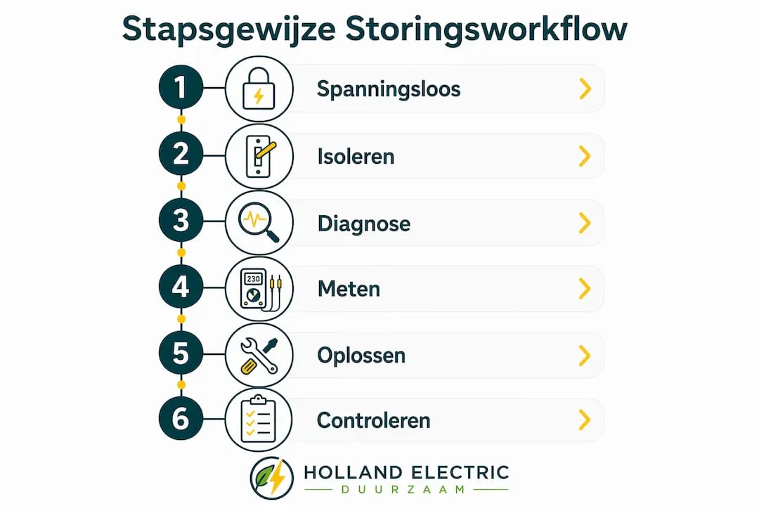 Infographic met een duidelijk stappenplan voor monteurs bij het oplossen van storingen