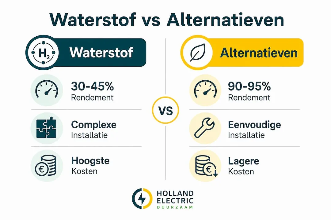 Overzichtelijke infographic waarin waterstof wordt afgezet tegen andere duurzame energieopties voor thuis. Welke alternatieven zijn er, en wat zijn de voor- en nadelen? Je ziet het in één oogopslag!