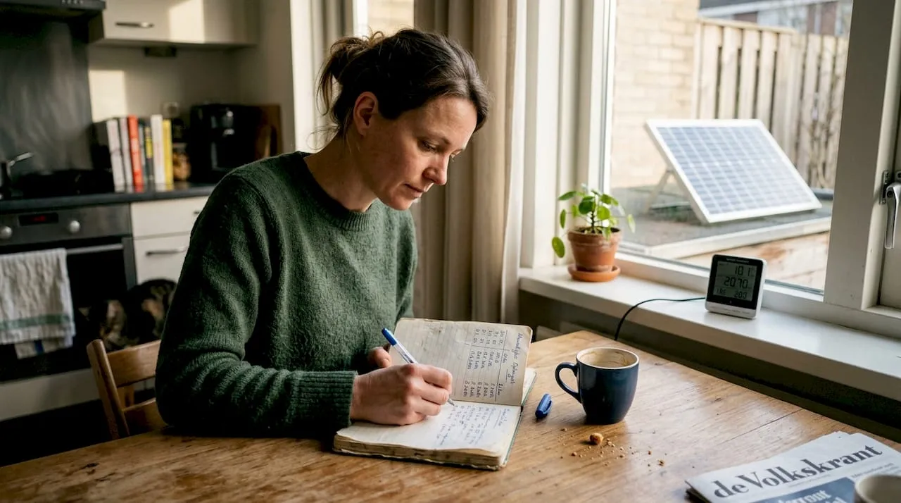 In de keuken houdt een vrouw nauwkeurig de opbrengst van haar zonnepanelen bij.