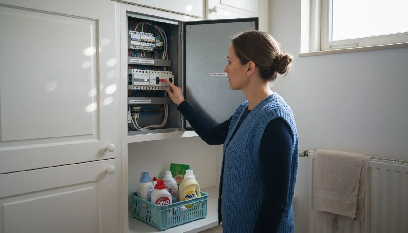 Een vrouw controleert de aardlekschakelaar in de meterkast.