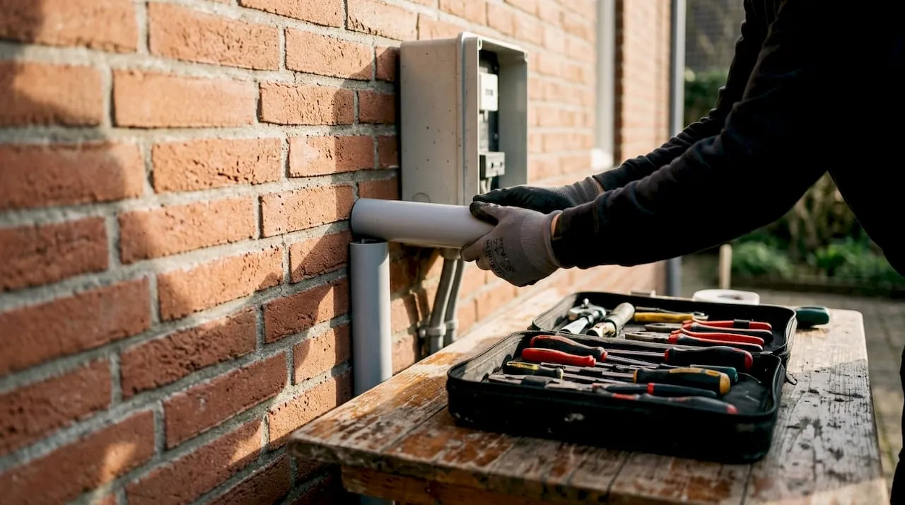 Detailopname van handen die bezig zijn met het aanleggen van een elektrabuis