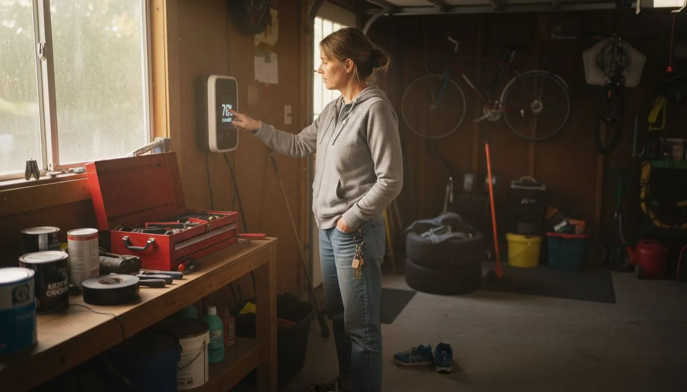 Woman monitoring charging station in garage