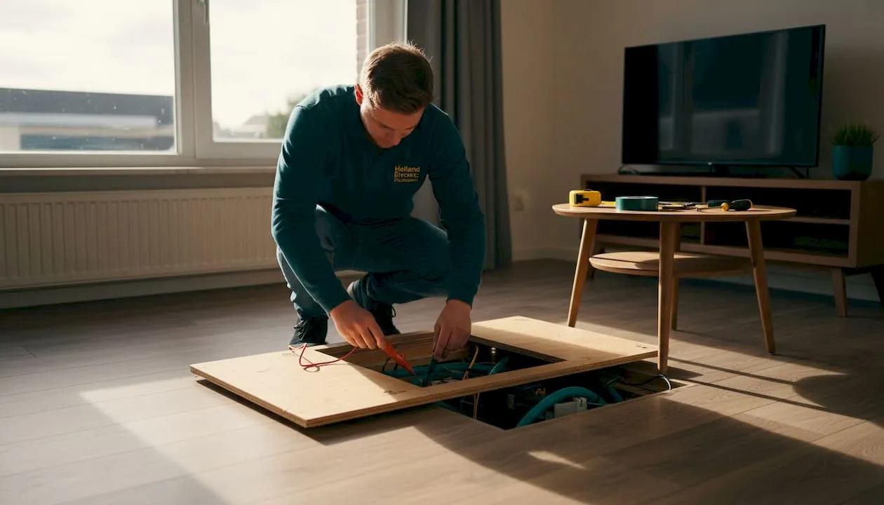 De monteur controleert de bedrading bij het vloerluik in de woonkamer.