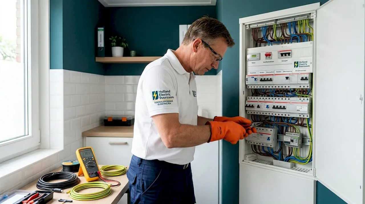 Een elektricien controleert de recent vernieuwde meterkast.