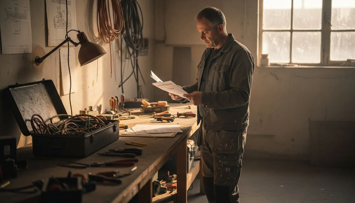 Een elektricien controleert de certificaten op de werkvloer.