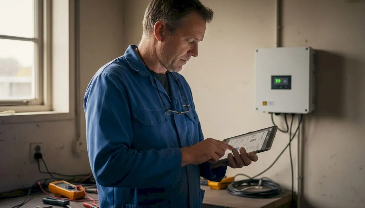 De technicus controleert het display van de omvormer om het rendement te bekijken.